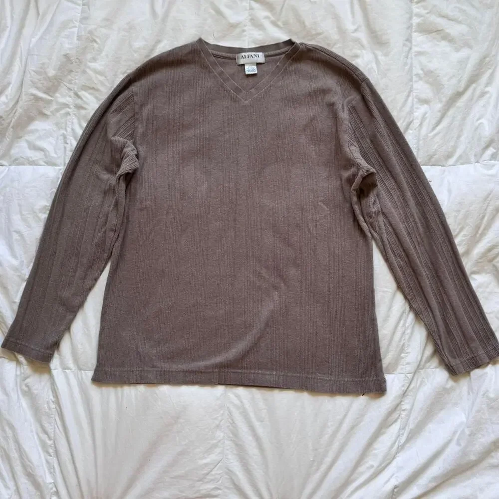 Alfani Vintage y2k 90s brown v neck sweater size L ribbed long sleeve minimalist - Picture 2 of 8
